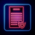 Glowing neon Firearms license certificate icon isolated on blue background. Weapon permit. Vector