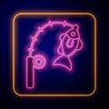 Glowing neon Fishing rod and fish icon isolated on black background. Fishing equipment and fish farming topics. Vector