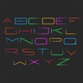 Glowing neon font typography mockup, set of letters from thin bright multicolored lines, minimal decor for the design of holiday