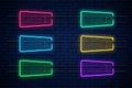 Glowing neon frames red, blue, green, yellow, violet, turquoise. Neon light banners set. Realistic glow signboard