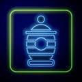 Glowing neon Funeral urn icon isolated on blue background. Cremation and burial containers, columbarium vases, jars and