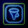 Glowing neon Funnel or filter icon isolated on blue background. Vector