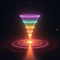 Glowing neon funnel graphic with 6 colorful layers cascading down on dark background. Abstract data process flow concept, digital Royalty Free Stock Photo