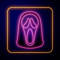 Glowing neon Funny and scary ghost mask for Halloween icon isolated on black background. Happy Halloween party. Vector