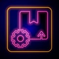 Glowing neon Gear wheel with package box icon isolated on black background. Box, package, parcel sign. Delivery and Royalty Free Stock Photo