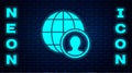 Glowing neon Globe and people icon isolated on brick wall background. Global business symbol. Social network icon