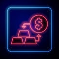 Glowing neon Gold exchange money icon isolated on black background. Money changer. Vector