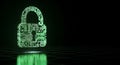 Glowing neon green binary padlock macro on a dark server floor, emphasizing cyber security Royalty Free Stock Photo