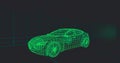 Glowing neon green wireframe sedan showing wireframe wheels in 3D viewport, grid vanishing point Royalty Free Stock Photo