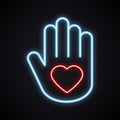 Glowing neon hand with heart sign. Bright charity symbol. Light love, relationship, peace, volunteer, help, care