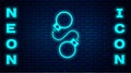 Glowing neon Handcuffs icon isolated on brick wall background. Vector