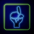 Glowing neon Hands in praying position icon isolated on blue background. Praying hand islam muslim religion spirituality Royalty Free Stock Photo