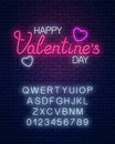 Glowing neon happy valentines day text with heart shapes and alphabet Vector illustration of valentine day greeting card Royalty Free Stock Photo