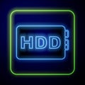 Glowing neon Hard disk drive HDD icon isolated on blue background. Vector Royalty Free Stock Photo