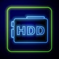 Glowing neon Hard disk drive HDD icon isolated on blue background. Vector Royalty Free Stock Photo