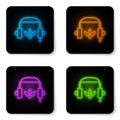 Glowing neon Headphones for meditation icon isolated on white background. Black square button. Vector Royalty Free Stock Photo