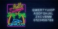 Glowing neon hello summer sign with palms, island, dolphins in ocean and text with alphabet. Shiny summertime symbol