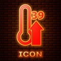 Glowing neon High human body temperature or get fever icon isolated on brick wall background. Disease, cold, flu symptom