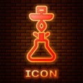 Glowing neon Hookah icon isolated on brick wall background. Vector