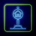 Glowing neon Hotel sign for traffic icon isolated on blue background. Vector Royalty Free Stock Photo