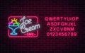 Glowing neon ice cream cafe signboard with alphabet. Gelato balls in bowl. City neon advertising street Royalty Free Stock Photo