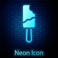 Glowing neon Ice cream on stick icon isolated on brick wall background. Sweet symbol. Vector Royalty Free Stock Photo