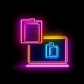 A glowing neon icon of a floppy disk transferring data to a folder, indicating data backup Royalty Free Stock Photo