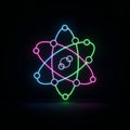 A glowing neon illustration of an atomic model on a dark background Royalty Free Stock Photo