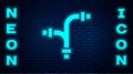 Glowing neon Industry metallic pipe icon isolated on brick wall background. Plumbing pipeline parts of different shapes