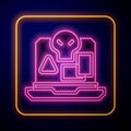 Glowing neon Internet piracy icon isolated on black background. Online piracy. Cyberspace crime with file download and