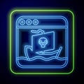 Glowing neon Internet piracy icon isolated on blue background. Online piracy. Cyberspace crime with file download and