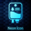 Glowing neon IV bag icon isolated on brick wall background. Blood bag. Donate blood concept. The concept of treatment