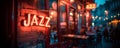 Glowing Neon Jazz Sign on Red Brick Wall in Evening Ambiance