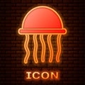 Glowing neon Jellyfish icon isolated on brick wall background. Vector. Royalty Free Stock Photo