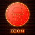 Glowing neon Jellyfish on a plate icon isolated on brick wall background. Vector. Royalty Free Stock Photo