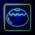 Glowing neon Jewish sweet bakery icon isolated on blue background. Hanukkah sufganiyot. Jewish easter cake. Vector