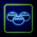 Glowing neon Jewish sweet bakery icon isolated on blue background. Hanukkah sufganiyot. Jewish easter cake. Vector