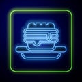 Glowing neon Junk food icon isolated on blue background. Prohibited hot dog. No Fast food sign. Vector Royalty Free Stock Photo