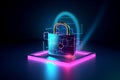 Glowing neon key with a lock symbolizing cyber security. Encryption technology concept with hacker protection. Digital Royalty Free Stock Photo