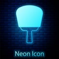 Glowing neon Korean hand fan icon isolated on brick wall background. Vector