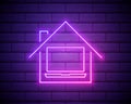 Glowing neon Laptop and smart home icon isolated on brick wall background. Remote control. Vector Illustration.Work from home Royalty Free Stock Photo