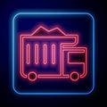 Glowing neon Large industrial mining dump truck icon isolated on black background. Big car. Vector