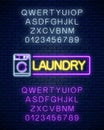 Glowing neon laundry signboard with alphabet. Illuminated self-service washhouse sign working round-the-clock