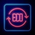 Glowing neon Leaf Eco symbol icon isolated on black background. Banner, label, tag, logo, sticker for eco green. Vector Royalty Free Stock Photo