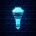 Glowing neon LED light bulb icon isolated on brick wall background. Economical LED illuminated lightbulb. Save energy