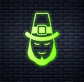 Glowing neon Leprechaun icon isolated on brick wall background. Happy Saint Patricks day. National Irish holiday. Vector