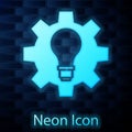 Glowing neon Light bulb and gear icon isolated on brick wall background. Innovation concept. Business idea. Vector Royalty Free Stock Photo