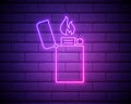 Glowing neon Lighter icon isolated on brick wall background. Vector Illustration