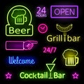 Glowing Neon Lights Bar Signs on Black Background Royalty Free Stock Photo