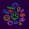 Glowing Neon Lights 420 Cartoon Doodle Sign for Cannabis Dispensary or Medical Marijuana Products Package Design